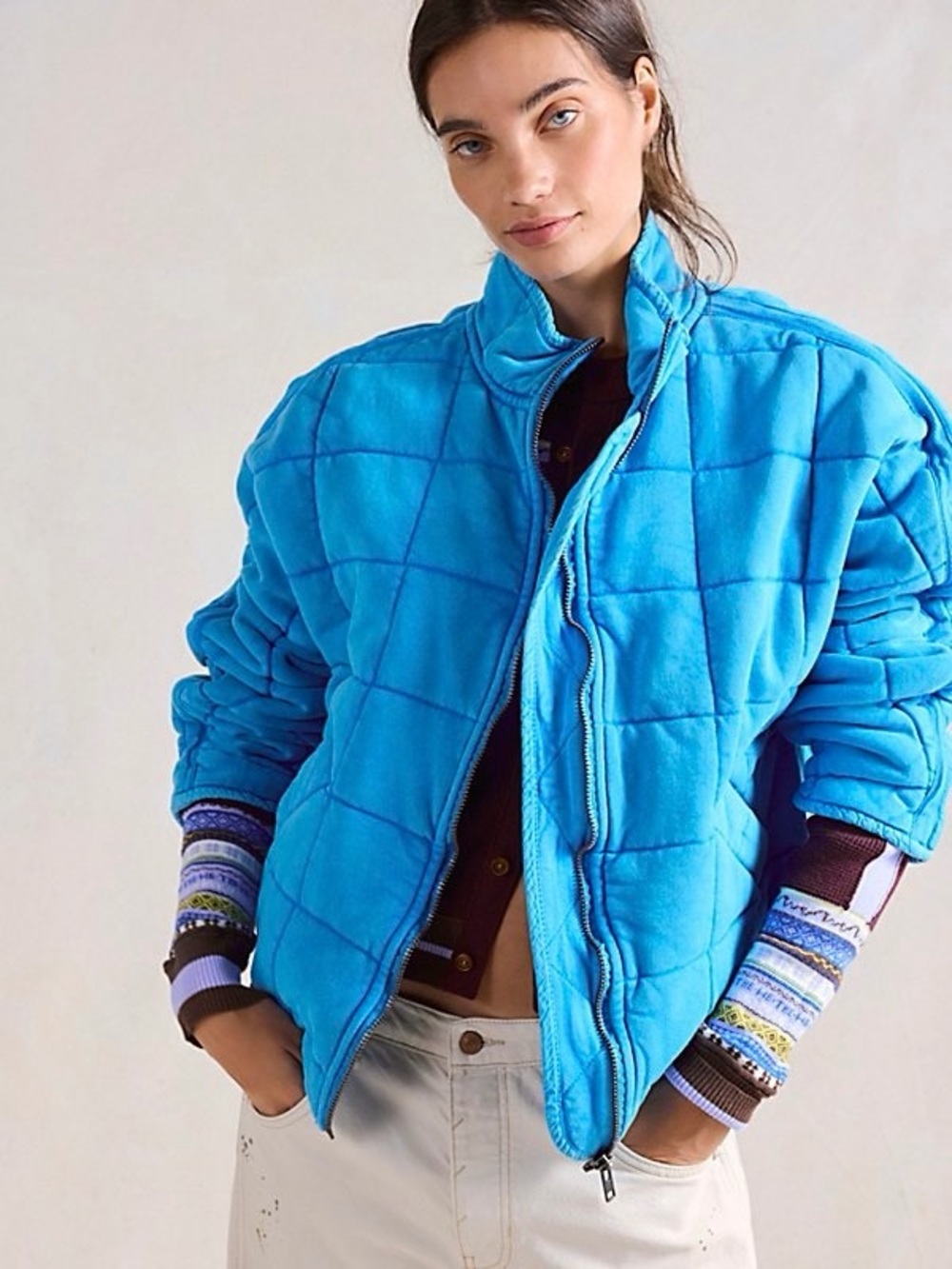 NWT Free People Dolman Quilted Knit Mali Blue Oversized Zip Up Jacket